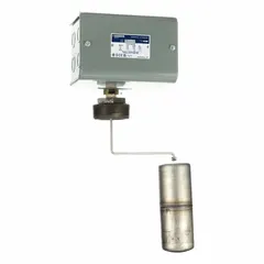 Side-mounted float switch with mechanically alternating action, Close On Rise. DPST-4NC contact configuration, 90° mounting angle, specific gravity 0.85, screw clamp termination. Steel construction. Used for liquid level detection in industrial tanks.