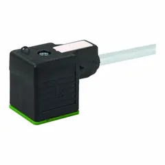 Single-ended cordset with DIN Form A female right-angle connector to bare wire termination. Features 3 pins, 18 AWG wire, 10 m PUR gray cable, and IP67 rating. Used for connecting solenoid valves, sensors, and actuators in industrial automation systems.