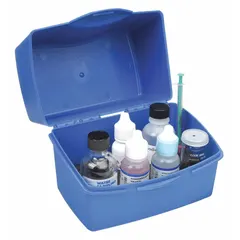 This water quality test kit measures dissolved oxygen levels from 0.2 to 10 ppm with a sensitivity of 0.2 ppm. It includes a Direct Reading Titrator and provides 50 tests per kit. Used for assessing oxygen content in water for environmental monitoring, wastewater treatment, and aquaculture applications.