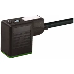 Single-ended cordset with a female right-angle DIN Form Industrial B connector and bare wire termination. Features a 10-meter PVC cable with black jacket, 3 pins, 18 AWG wire size, and IP67 rating for dust and water ingress protection. Used for connecting solenoid valves and sensors in industrial automation and control systems.