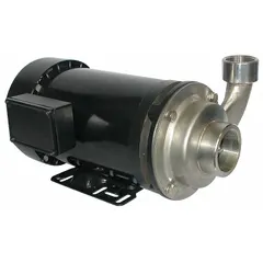 This Dayton centrifugal pump features a 316 stainless steel housing and impeller for corrosion resistance. It is powered by a 1 1/2 hp three-phase motor with a totally enclosed fan-cooled enclosure. Connections are 1 1/2 in NPT. Suitable for transferring corrosive fluids in industrial processing and water treatment.
