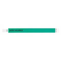 Tyvek security wristband in green, 10 inches long and 3/4 inch wide, supplied in a pack of 500. The tear-resistant material is suitable for single-use identification in settings requiring clear visual alerts, such as healthcare or event environments.