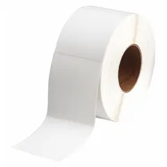 Acrylic permanent adhesive label roll with inkjet print-receptive material, compatible with Brady J5000 printer series. Contains 270 precut labels per roll, each measuring 4 21/64 in x 2 61/64 in. Used for industrial identification and tracking of equipment, components, and assets.