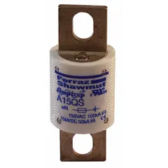 Fast-acting bolt-on fuse from MERSEN A15QS series, rated 150 A at 150 V AC and 150 V DC. Designed for overcurrent protection in power electronic circuits such as variable frequency drives, rectifiers, and UPS systems.