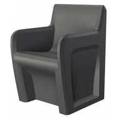 Floor-mount single-seat arm chair with black polyethylene seat. Seat height 18 inches. Suitable for commercial waiting areas, break rooms, or assembly stations.