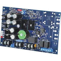 Supervised power supply board converting 24/28V AC input to regulated 12/24VDC output at 10A. Constructed with phenolic/fiberglass material for use in industrial control panels, security systems, and access control applications requiring continuous DC power delivery.