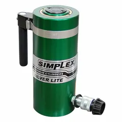 Single-acting hydraulic ram with 100 ton nominal capacity and 4 in nominal stroke. Constructed from aluminum for reduced weight. Used for lifting, pressing, and load positioning in industrial maintenance, construction, and manufacturing applications.
