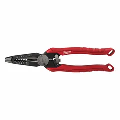 Multifunction wire strippers rated for 8 to 18 AWG solid wire, with a 9 in overall length and standard cushion grip. Features a cutting function and solid construction. Suitable for cutting and stripping wire in electrical, maintenance, and installation tasks.