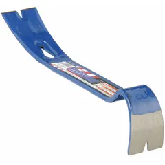This rust-resistant flat bar has a 1/2 in bar width, 2 in end width, and 12 in overall length. The double claw end is suited for prying and nail pulling in construction and maintenance tasks.