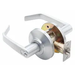 This BEST classroom lever lockset features a satin chromium-plated zinc finish with a 7KC Contour Angle Return Lever. It is ADA compliant and uses an interchangeable core. The ANSI function F84 allows key-locking from the outside while permitting free egress from the inside, suitable for classroom doors in educational and commercial settings.