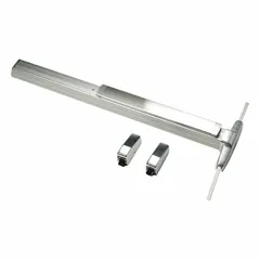Surface vertical rod exit device with lever touchbar in gray finish. Designed for commercial and industrial doors requiring push-bar egress. Not ligature-resistant, suitable for standard security applications.