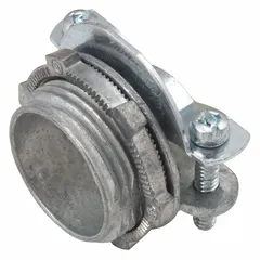Die cast zinc threaded metal connector with clamp-style design for terminating round cable into threaded hubs of enclosures or junction boxes. Trade size 3/4 in, overall length 15/16 in. Suitable for industrial wiring applications requiring a secure, grounded connection.