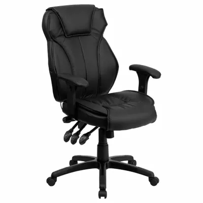 FLASH FURNITURE Office Chair: Hansel, Ht, Black, Faux Leather Material, 26 in Back Ht - Adjustable-Arm Office Chairs