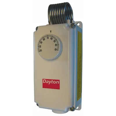 Dayton Line Volt Mechanical Tstat: Heat or Cool, Plastic, 30° to 110°F, 3° to 12°F - Weatherproof Single-Stage Controls