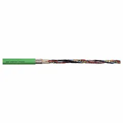 CHAINFLEX CF113-001-D servo motor feedback cable with green PUR jacket rated for 50 V. Conductor grouping: (3) shielded twisted pair 26 AWG, (4) 26 AWG, (2) 26 AWG; no ground included. Minimum bend radius: 4 x OD fixed, 6 x OD flexible. Sold by the foot. Used in industrial automation for transmitting encoder or resolver signals from servo motors to drives.