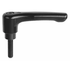 This straight teardrop-style adjustable handle features a zinc body with a steel threaded stud. It is designed for clamping, positioning, and adjusting machinery components, providing a secure grip that can be repositioned without tools. Suitable for use in industrial workstations, jigs, and fixtures.