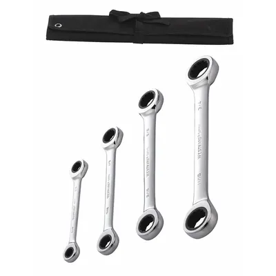 WESTWARD Box End Wrench Set: Alloy Steel, Chrome, 4 Tools - SAE, Double End, 12-Point, Ratcheting Box End Wrench Sets