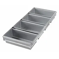 This open top bread pan from CHICAGO METALLIC is made of aluminized steel with a silver finish. It features 4 slots, each measuring 9 3/4 inches in overall width and 2 3/4 inches in overall depth. Suitable for baking multiple loaves of bread simultaneously in commercial or high-volume kitchen settings