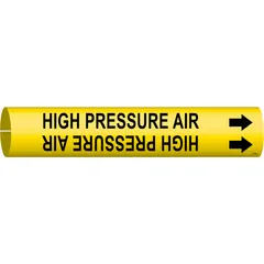 Yellow snap-on pipe marker with black legend reading 'High Pressure Air' and directional arrows. Fits pipe outer diameters from 2-1/2 to 3-7/8 inches. Used to identify high-pressure air lines in industrial piping systems, aiding in compliance with pipe-marking standards.