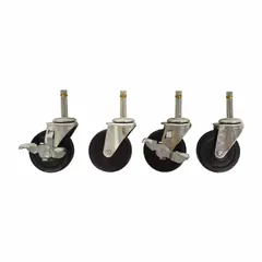 Swivel caster with stem mounting and side brake. Silver frame. Compatible with Basic American healthcare beds, including the Lomax 76" model. Used for patient bed mobility and secure positioning in healthcare facilities.