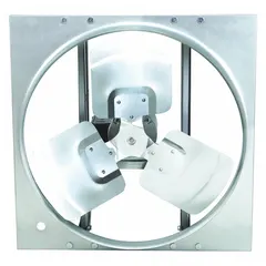 This standard direct-drive panel exhaust fan features a 24-inch blade, 1/2 hp motor, and 5,088 cfm airflow. It operates on 208-230/460V AC, three-phase power. The galvanized steel frame and totally enclosed air-over motor with Class B insulation suit industrial ventilation applications such as exhausting heat, fumes, or stale air from factories, warehouses, and commercial facilities. No intake guards are included.