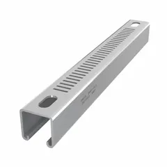 This perforated-slot strut channel is fabricated from steel with a pre-galvanized zinc finish. It features a narrow slotted design with 8 mm slot spacing and a 12 ga gauge. Used for supporting and securing mechanical, electrical, and plumbing systems in industrial and commercial construction, it allows flexible mounting of pipes, conduits, and cable trays.