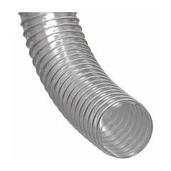 This thermoplastic polyurethane duct hose features a wire helix reinforcement for conveying metal shavings in industrial chip removal systems and machining centers. With a 6 in inside diameter, 25 ft length, 8.5 in bend radius, and temperature range of -65° to 200°F, it provides flexibility and durability for material handling applications.