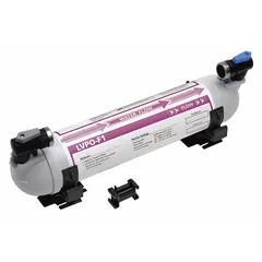 This multi-purpose water filter system uses carbon media to reduce chlorine taste. It has a 3 gpm flow rate, NPT connections, 16-inch overall height, and 6,000-gallon capacity. Suitable for point-of-use filtration in residential or light commercial applications.