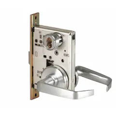 This BEST office lever lockset features a satin chromium-plated stainless steel finish with a 40H rose and F04 function. It is ADA compliant and includes an interchangeable core for easy rekeying. Suitable for interior office doors in commercial buildings.