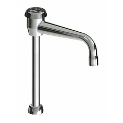 This single-bend gooseneck spout is constructed of brass with a polished chrome finish. It features a swivel design for flexible water delivery and includes mounting hardware. The 1.5 gpm flow rate suits commercial kitchens, laboratories, and industrial wash stations.