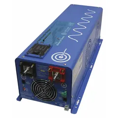 This single-unit inverter and battery charger converts 24V DC to 120V AC pure sine wave power with 4000W continuous output. It features a selectable output frequency of 50 or 60 Hz and a built-in charger that accepts 120V AC input to charge batteries at 14V to 15.5V. The post-style DC connection is suited for use in off-grid, RV, marine, and backup power systems.