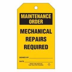 Rectangular polyester tag, 3 in wide by 5 3/4 in high, black with yellow markings. Suitable for indoor and outdoor use. Used to identify equipment requiring maintenance or repair in industrial facilities. Pack of 100.