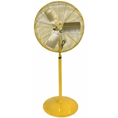 This HESSAIRE pedestal fan is designed for commercial air circulation in warehouses, factories, and large retail spaces. It features a 30-inch blade diameter, a 1/2 hp motor, two speeds, and oscillating operation. The fan operates on 115V AC single-phase power.