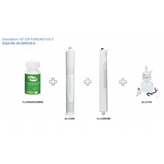 This kit contains expendable components and sanitization parts for ELGA Flex 1, 2, and 6 water purification systems. It is used to maintain water quality and perform sanitization procedures in laboratory or industrial applications.