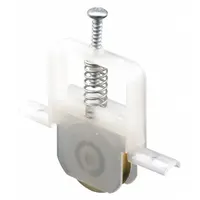 This white, unfinished roller assembly is designed for sliding screen doors. It features a single roller (1 PR) and measures 6 13/32 inches in both overall height and length. Suitable for residential and light-commercial entryway applications