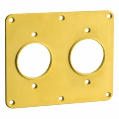 Yellow portable outlet box cover for 2-gang configurations. Accommodates two single receptacles with 1.56-inch openings. Suitable for temporary power applications in industrial, construction, and maintenance environments.