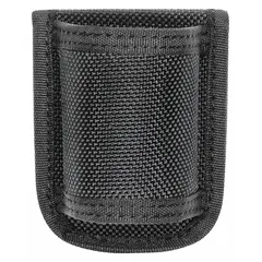 This duty equipment pouch is constructed from black ballistic nylon and measures 3 inches by 2 1/2 inches. It features an open closure for quick access. Designed to be worn on a belt or vest, it is suitable for carrying a standard-sized flashlight in security, law enforcement, or industrial settings.