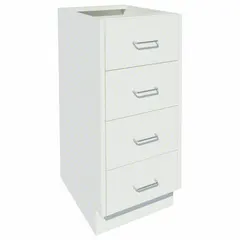 Steel base cabinet with four drawers and no shelves. Overall dimensions: 18 in width, 22 in depth, 35-1/8 in height. Suitable for storage in workshops, warehouses, and maintenance facilities.