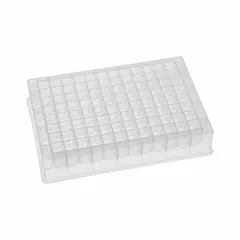 96-well plate made of colorless polystyrene with square wells. Each well has a 1.2 mL capacity and 8.3 mm diameter. RNase/DNase free. Used for high-throughput sample processing, storage, and assays such as PCR, ELISA, and cell culture.