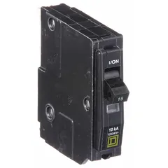 Plug-in miniature circuit breaker from the QO Series. Rated 15 A, 120V AC, single phase, with a maximum interrupting rating of 10kA at 120V AC. Single-pole design for overcurrent protection in QO Load Centers and NQ Panelboards.