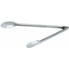 Stainless steel tongs with scalloped blades for secure gripping. 9 3/8 in overall length, 24 ga gauge, uncoated handle. Suitable for food handling in commercial kitchens, buffet service, and catering.