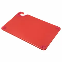 This red co-polymer cutting board measures 18 inches in length and 12 inches in width. It is NSF Certified for sanitation compliance, making it suitable for food preparation in commercial kitchens. The red color aids in color-coded food safety protocols to help prevent cross-contamination.