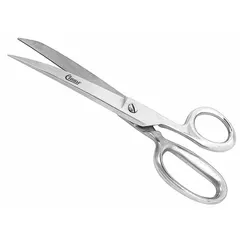 All-metal scissors with 9-inch overall length. Straight, pointed steel blades with silver finish. Right-hand design. Suitable for cutting fabric, leather, and similar materials in upholstery and textile work.