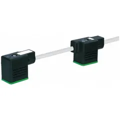 Double-valve DIN Form Industrial B solenoid connector cordset with two DIN Form BI female right-angle connectors and bare wire terminations. PVC cable with gray jacket, 18 AWG wire size, 100 mm DIN connector spacing. Rated IP67. Used for connecting solenoid valves in industrial automation, pneumatic, and hydraulic systems.