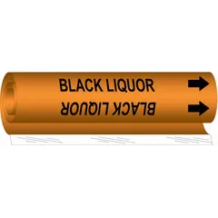 Orange wrap-around pipe marker with black legend reading 'Black Liquor' and directional arrows. Fits pipe outer diameters from 1-1/2 to 2-3/8 inches. Used to identify pipes carrying black liquor in industrial process plants.