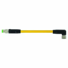 Double-ended cordset with a yellow PUR jacket for twisting applications. Features a 3-pin M8 male straight connector on one end and a 3-pin M8 female right-angle connector on the other. Cable length is 1 m with 24 AWG wire. Rated IP68 for protection against dust and water immersion.