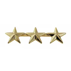This metallic rank insignia features three stars in a gold finish. Constructed of metal with a clutch pin attachment, it measures 5/8 in. Used to denote rank on military, ceremonial, or formal uniforms.