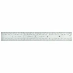 Semi-flexible steel rule with satin chrome finish and black etched markings. Measures 6 inches in length and 0.02 inches thick. Graduated in 1/64 inch and decimal scales. Suitable for general linear measurement in industrial applications.