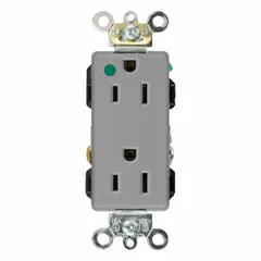General purpose duplex receptacle rated 125V AC, 15A with NEMA 5-15 configuration, 2 pole/3 wire design in gray. Suitable for powering standard electrical equipment in residential, commercial, and industrial environments.