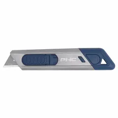 This automatic retracting utility knife features a metal construction with a blue finish and a plain stainless steel standard tip. The blade retracts automatically when not in use, reducing the risk of accidental cuts. Suitable for cutting cardboard, tape, shrink wrap, and other packaging materials in warehouse, shipping, and manufacturing settings.